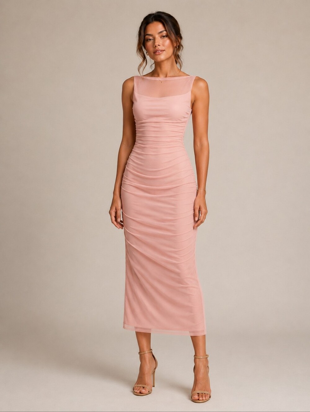 Zara Pink Mesh Bodycon Midi Dress New Size L - Picture 1 of 8